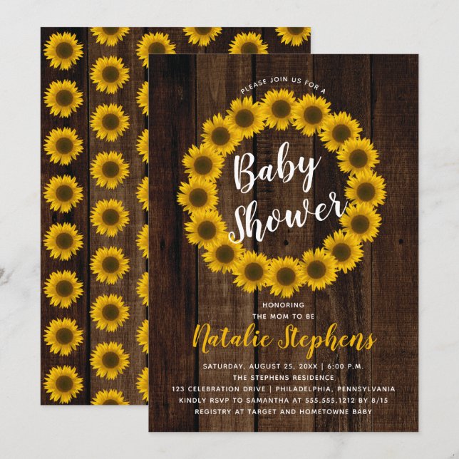 Invitation Baby shower de  en bois de fleurs de tournesol Inv (Devant / Derrière)