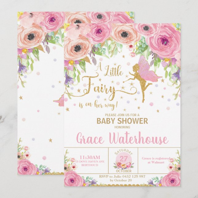Invitation Baby shower de fée Baby shower de fleur (Devant / Derrière)