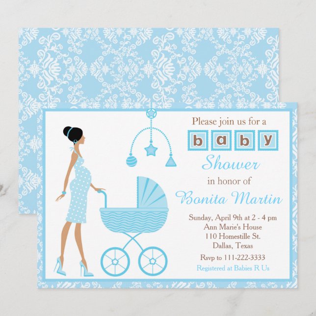 Invitation Baby shower de femme afro-américaine Blue Damask (Devant / Derrière)