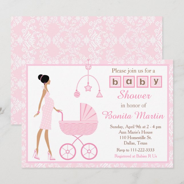 Invitation Baby shower de femme afro-américaine rose Damask (Devant / Derrière)