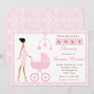 Invitation Baby shower de femme afro-américaine rose Damask