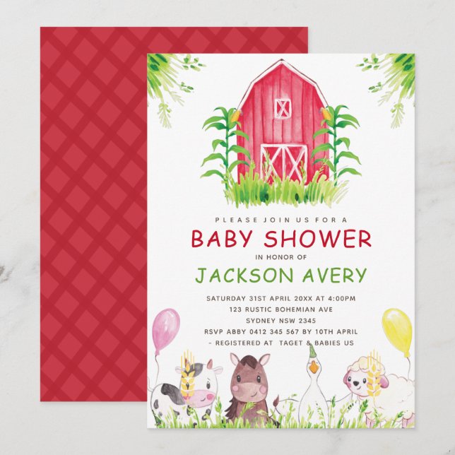 Invitation Baby shower de ferme à aquarelle mignonne (Devant / Derrière)