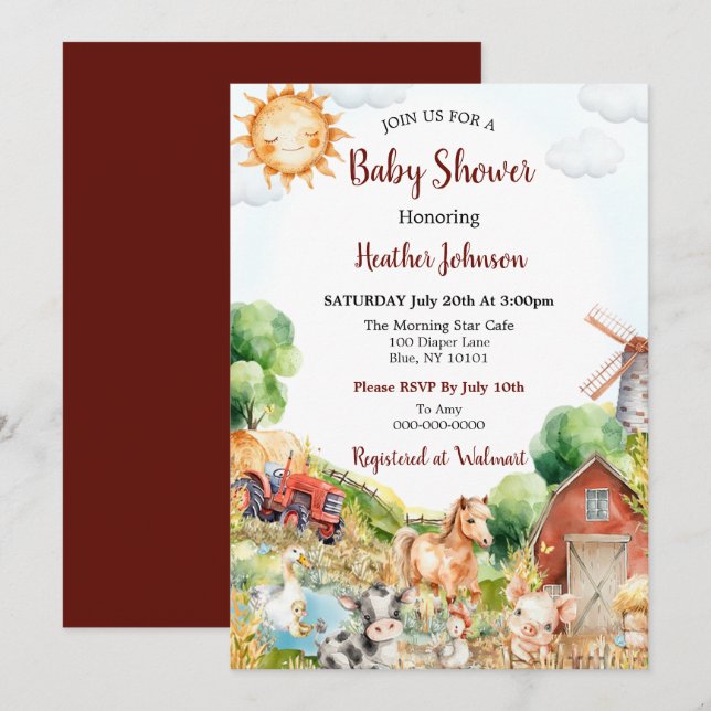 Invitation Baby shower de ferme à aquarelle mignonne (Devant / Derrière)