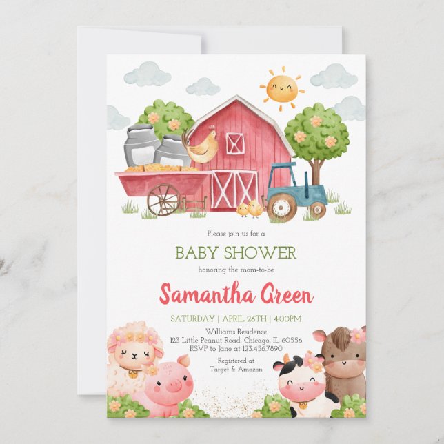 Invitation Baby shower de ferme pour filles (Devant)
