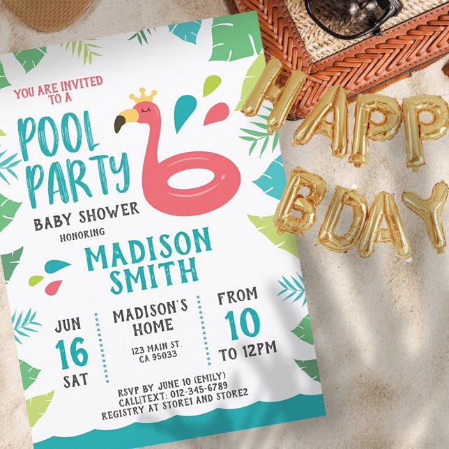 Invitation Baby shower de fête de la piscine tropicale Flaman (Créateur téléchargé)