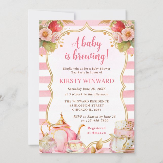Invitation Baby shower de fête du thé à la fraise d'aquarelle (Devant)