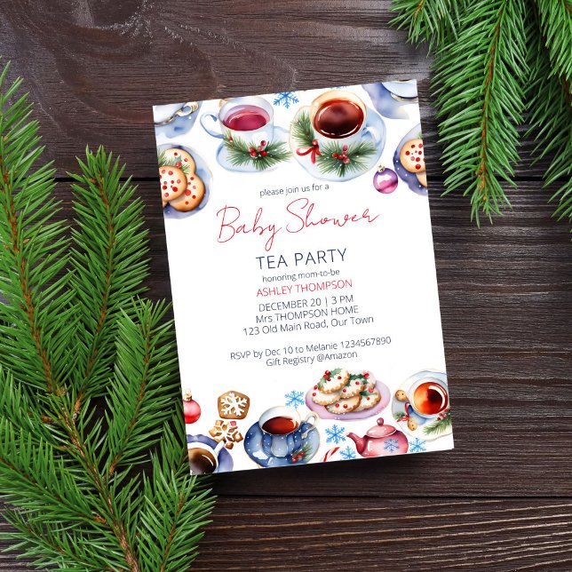 Invitation Baby shower de fête du thé de Noël modèle (Christmas tea party baby shower editable template invitation digital download watercolor tea cups)