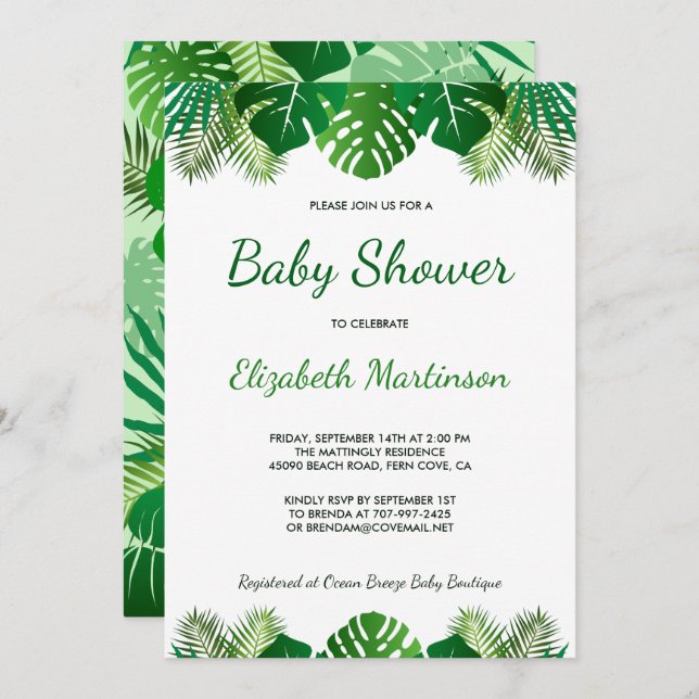 Invitation Baby shower de feuillage de forêt tropicale Feuill (Devant / Derrière)
