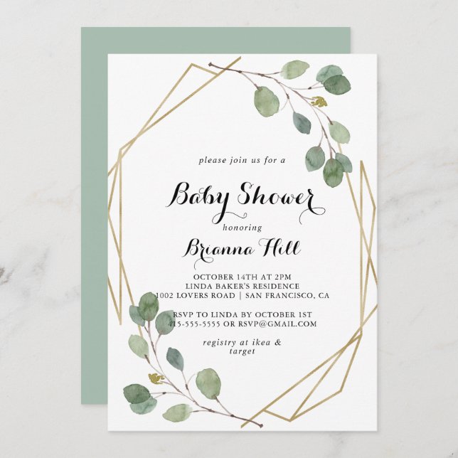 Invitation Baby shower de feuillage Eucalyptus géométrique (Devant / Derrière)