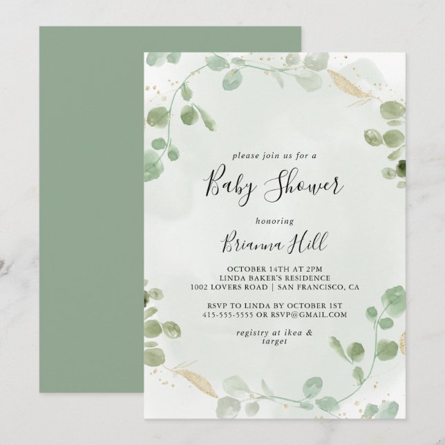 Invitation Baby shower de feuillage Gold Confetti Eucalyptus (Devant / Derrière)