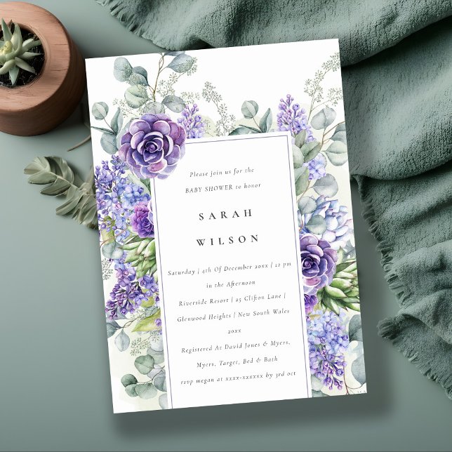 Invitation Baby shower de feuillage Lilac Succulent Eucalyptu (Créateur téléchargé)