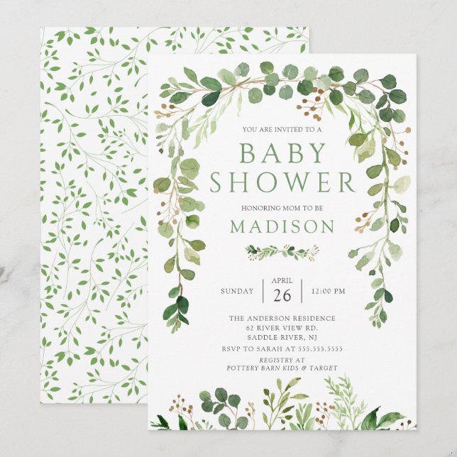 Invitation Baby shower de feuilles vertes botaniques (Devant / Derrière)