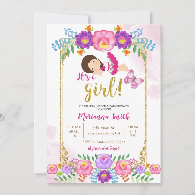 Invitation Baby shower de Fiesta à papillon Floral mexicain  (Devant)