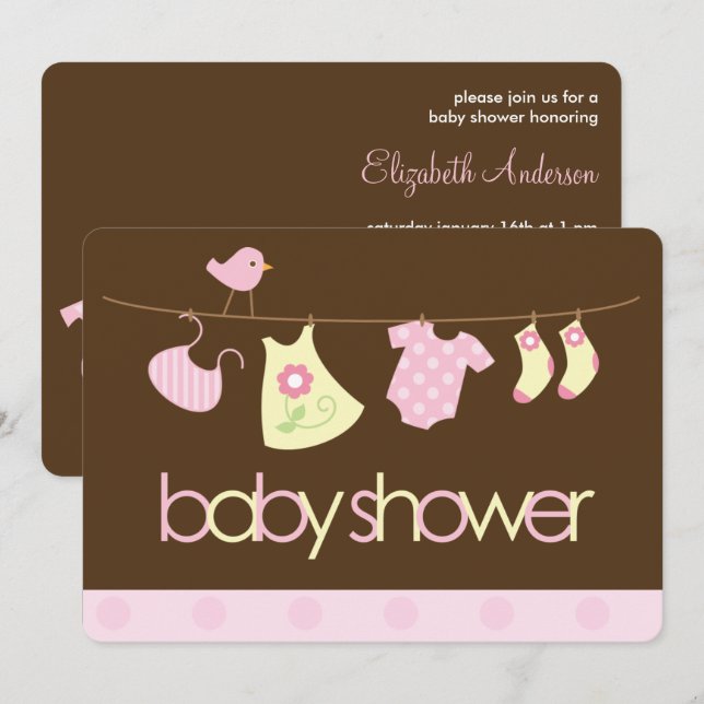 Invitation Baby shower de fille à linge rose (Devant / Derrière)