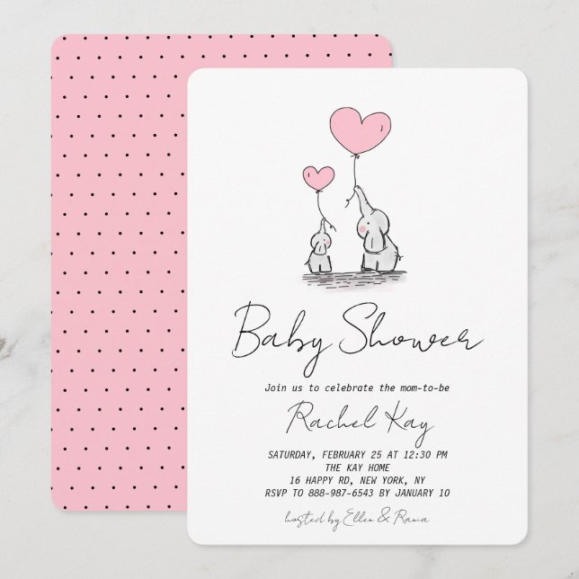 Invitation Baby shower de fille à naître rose Eléphant au bal (Devant / Derrière)