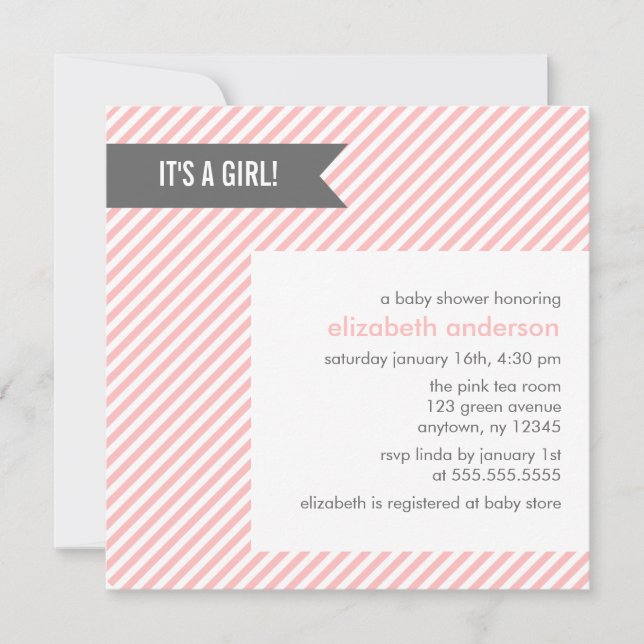 Invitation Baby shower de fille à rayures roses (Devant)