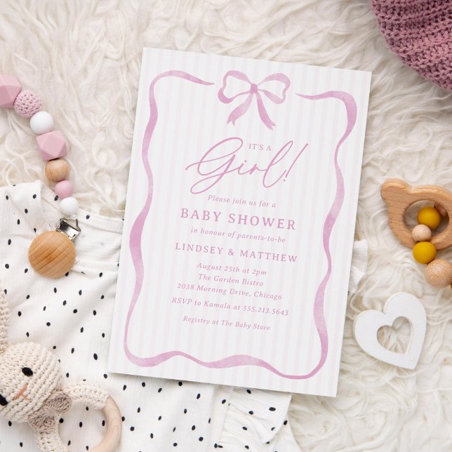 Invitation Baby shower de fille à ruban rose (pink baby shower invitation for girls with watercolor ribbon and bow)