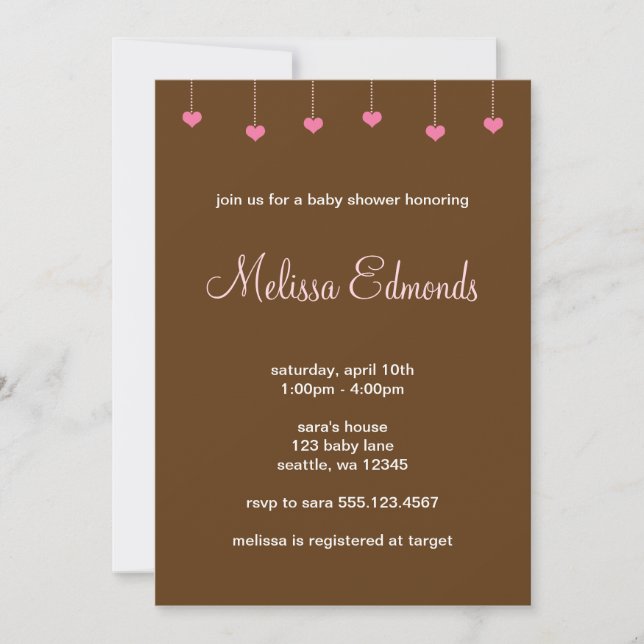 Invitation Baby shower de fille accrochant les coeurs roses (Devant)