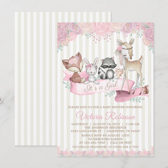 Invitation Baby shower de fille animal de bois doux (Devant / Derrière)