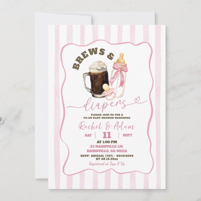 Invitation Baby shower de fille avec brasseries et diapères à (Devant)