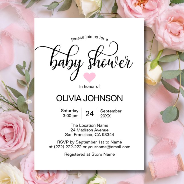 Invitation Baby shower de fille blanche de coeur rose personn (Créateur téléchargé)