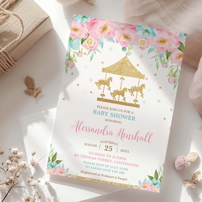 Invitation Baby shower de fille carrousel floral de Monnaie r (Créateur téléchargé)