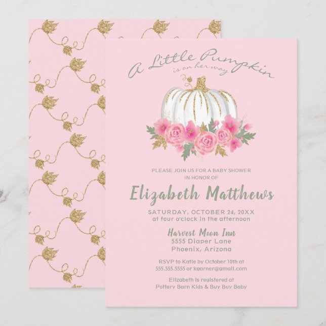 Invitation Baby shower de fille Citrouille rose or (Devant / Derrière)