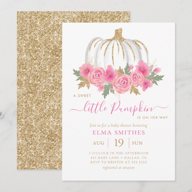 Invitation Baby shower de fille Citrouille rose rose pâle or  (Devant / Derrière)