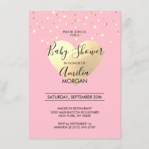 Invitation Baby shower de fille Coeur Rose or mignonne