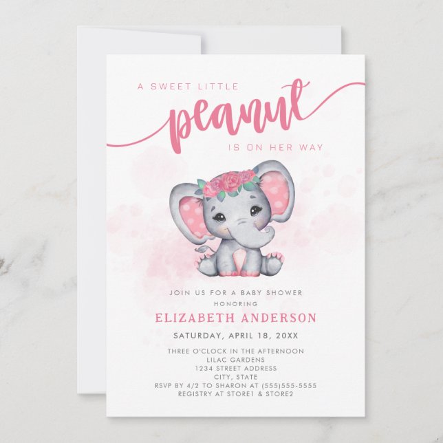 Invitation Baby shower de fille d'arachide rose Eléphant (Devant)