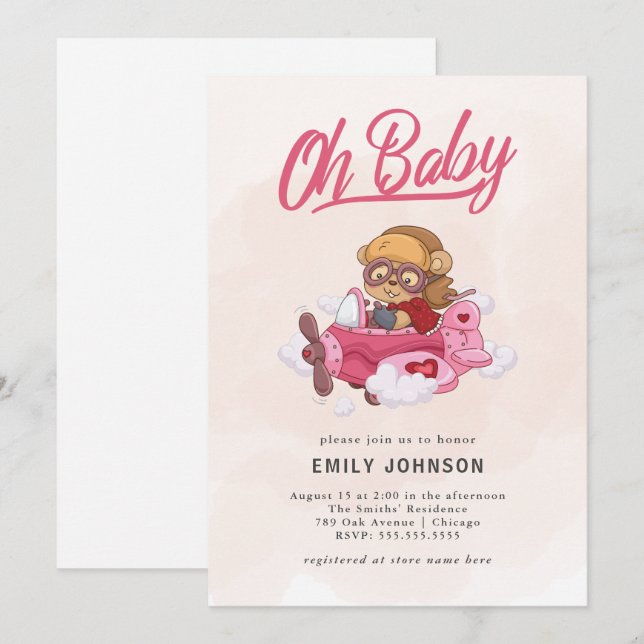 Invitation Baby shower de fille d'avion (Devant / Derrière)