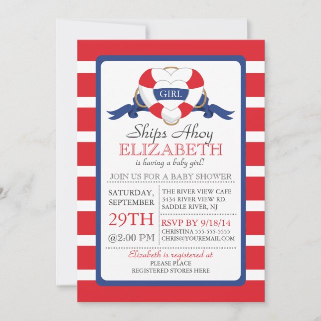 Invitation Baby shower de fille de bouée cardiaque marine mod (Devant)
