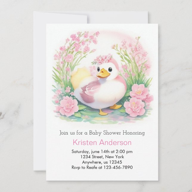 Invitation Baby shower de fille de canard rose enchanté (Devant)