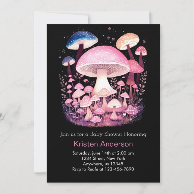 Invitation Baby shower de fille de champignon rose en bois en (Devant)