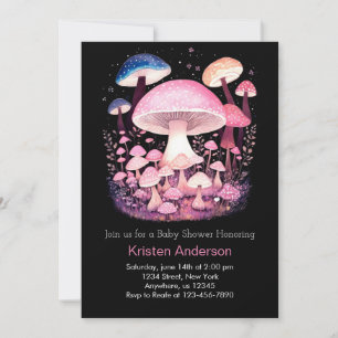 Invitation Baby shower de fille de champignon rose en bois en