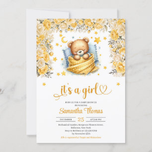 Invitation Baby shower de fille de fleurs jaunes de l'ours en