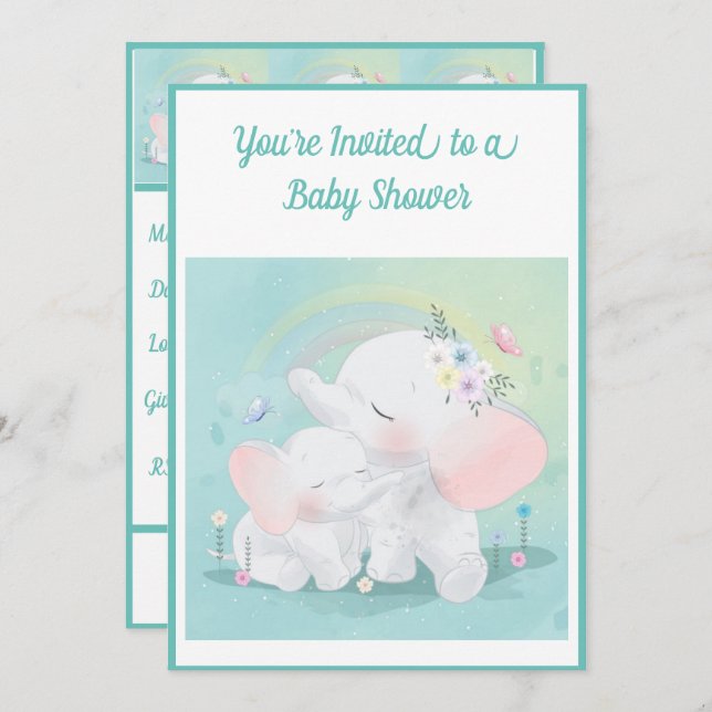Invitation Baby shower de fille de garçon éléphant vert à la  (Devant / Derrière)