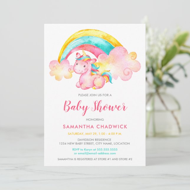 Invitation Baby shower de fille de la licorne magique (Debout devant)