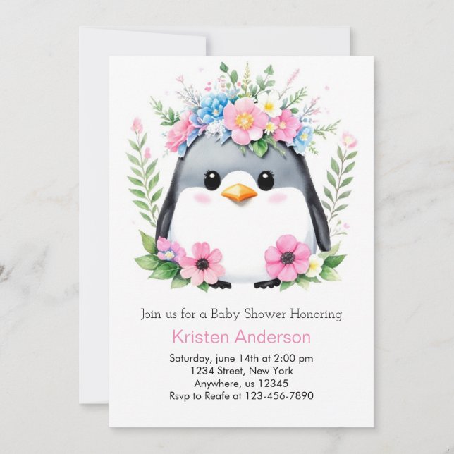 Invitation Baby shower de fille de pingouin rose lunatique (Devant)