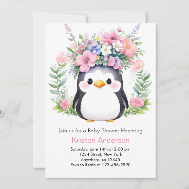 Invitation Baby shower de fille de rêve de pingouin lunatique (Devant)