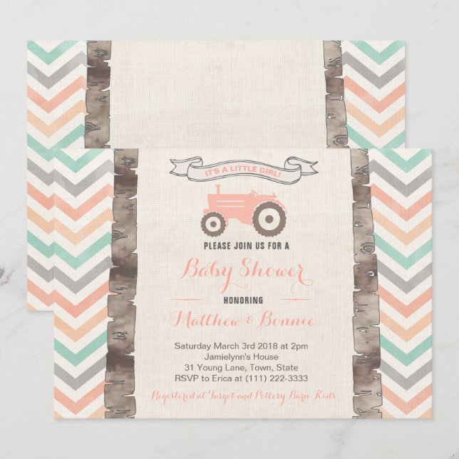 Invitation Baby shower de fille de tracteur de pêche gris à l (Devant / Derrière)