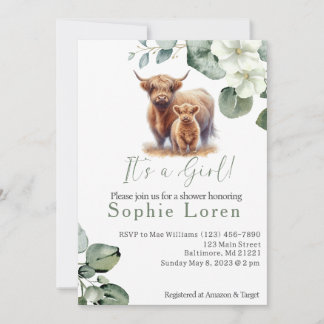 Invitation Baby shower de fille de vache Highland à fleurs ve