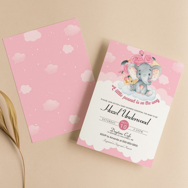 Invitation Baby shower de fille d'éléphant rose Fl (Créateur téléchargé)