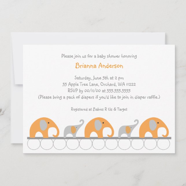 Invitation baby shower de fille d'éléphants orange et gris in (Devant)