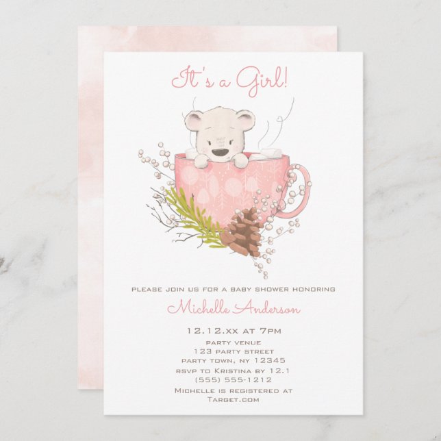 Invitation Baby shower de fille d'ours d'hiver rose (Devant / Derrière)