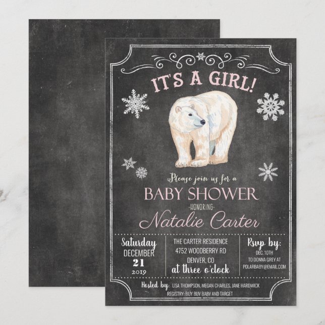 Invitation Baby shower de fille d'ours polaire (Devant / Derrière)