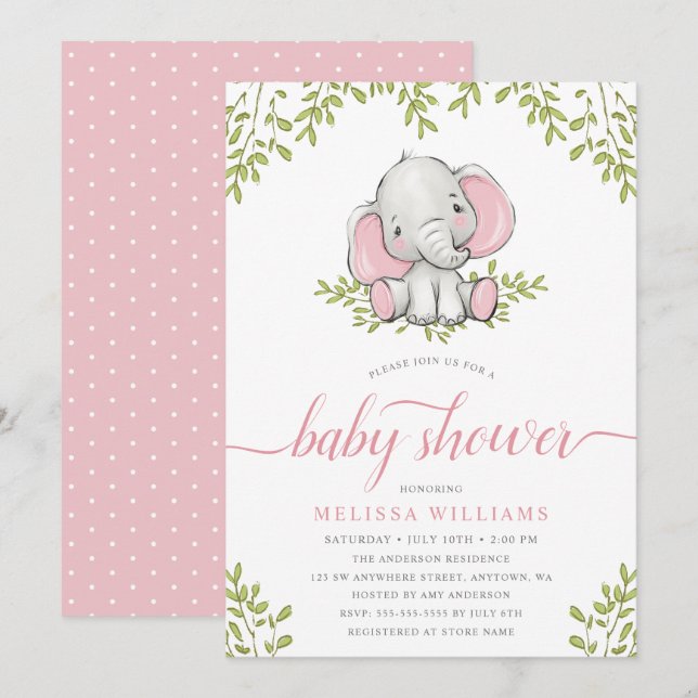 Invitation Baby shower de fille Eléphant de verdure moderne (Devant / Derrière)