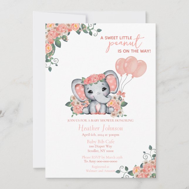 Invitation Baby shower de fille éléphante (Devant)