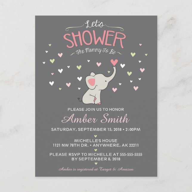 Invitation Baby shower de fille éléphante (Devant)