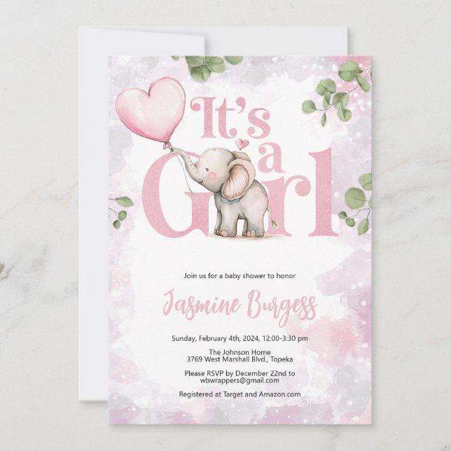 Invitation Baby shower de fille éléphante (Devant)